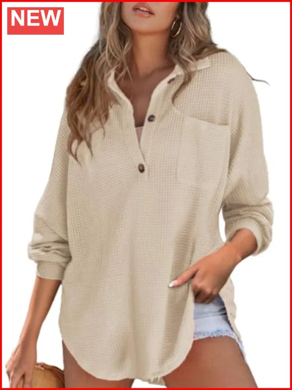 Waffle Knit Henley Top Oversized Tunic Button Down Long Sleeve